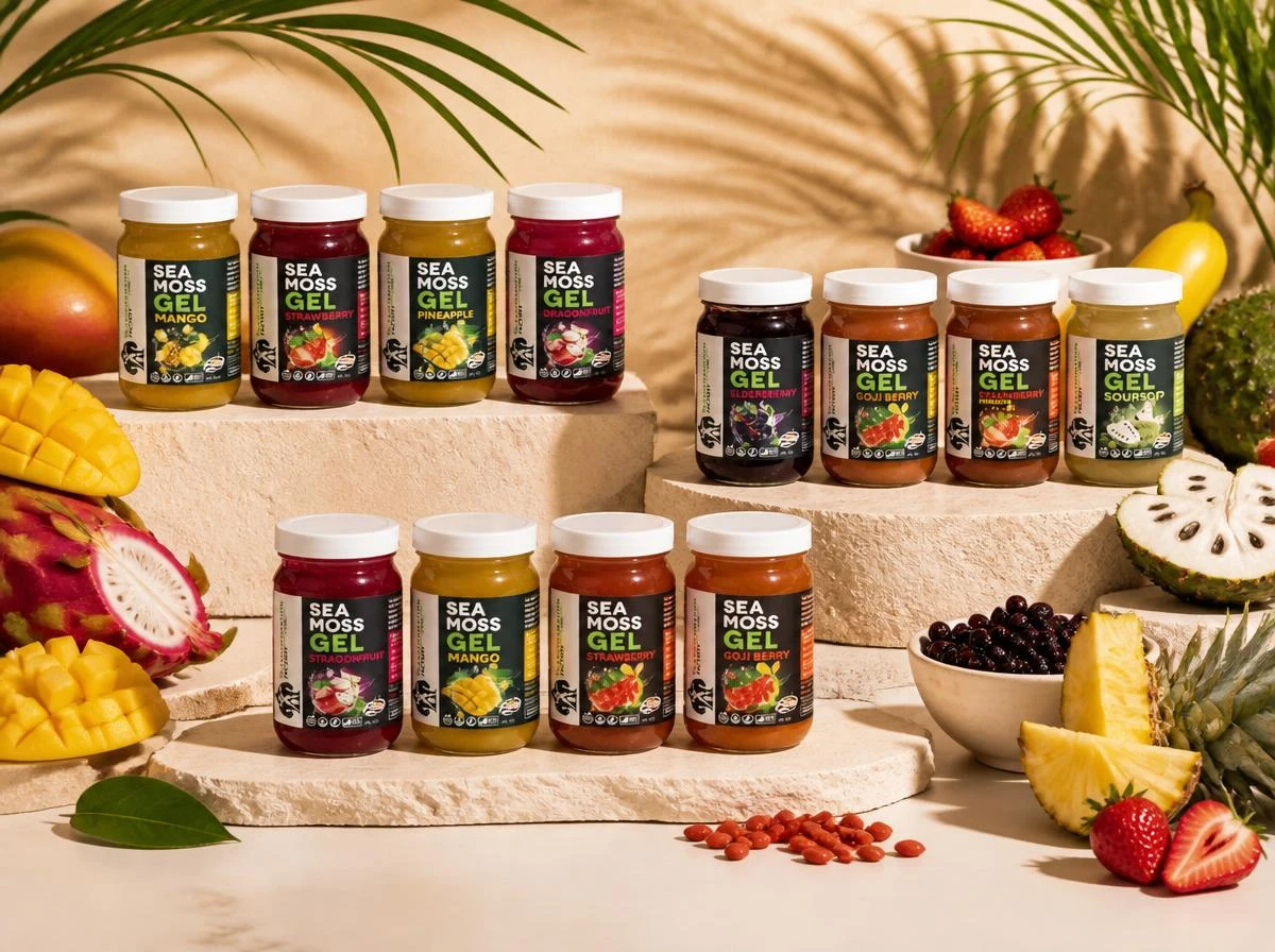 The Transformation Factory sea moss gel jars with fresh fruit.